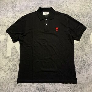 Ami Alexandre Mattiussi Polo Shirt Mens L Black Excellent Heart Logo Short Slv